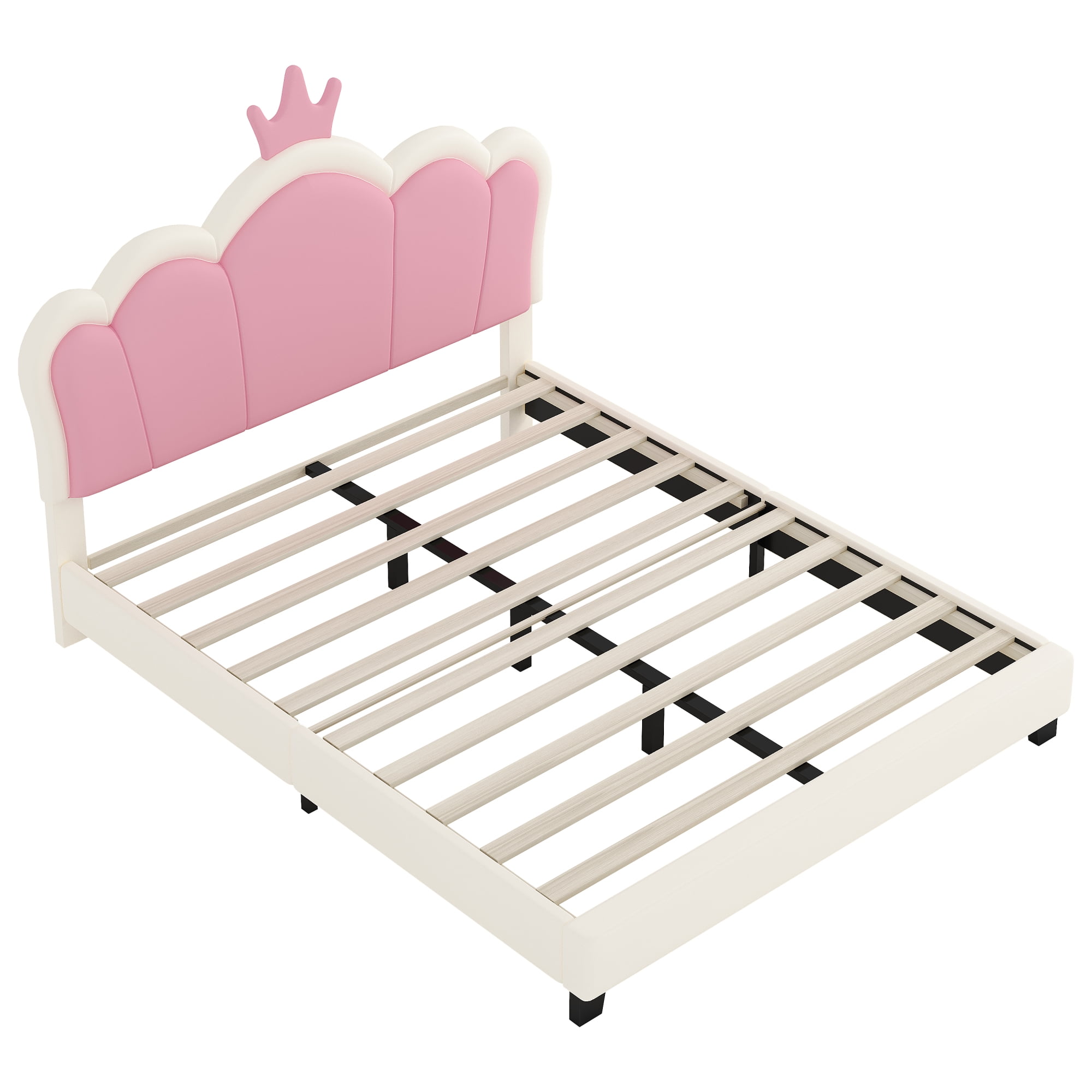Jopath Full Size Upholstered Bed, Princess Platform Bed with Headboard, Crown Headboard Design for Toddler Kids Teens Cream 1