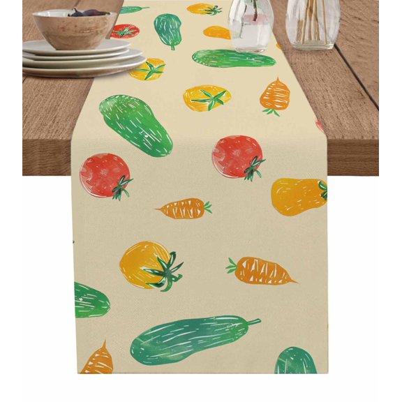 Table Runner Tomato Carrot Table Decoration for Kitchen Dinning Hand Drawn Vegetable Beige Table Decoration for Indoor Outdoor Party Wedding Decor 13x72 Inch