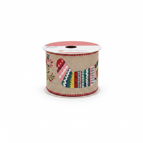 Celebrate It Christmas Wired Ribbon 2.5in x 20ft | Burlap Multicolor Christmas Stocking