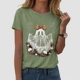 thumbnail image 2 of felwors Halloween women's shirt 2025 cute ghost cotton shirt autumn pumpkin T-shirt round neck pattern T-shirt casual short sleeved top Light Green, XXXL, 2 of 6