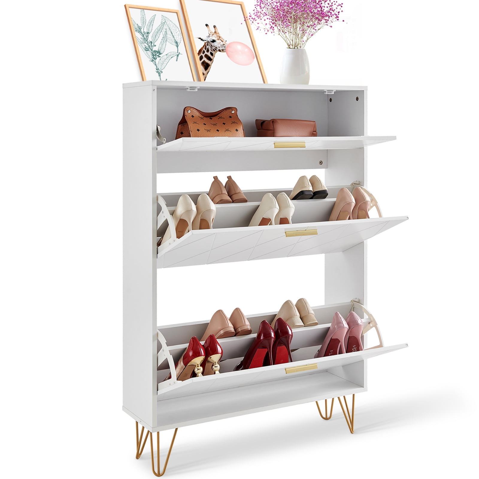 KFFKFF Shoe Cabinet with Triple Flip Compartments, Entryway Shoe Rack, Upright Shoe Holder for Various Footwear, Ideal for Hallway, Living Space