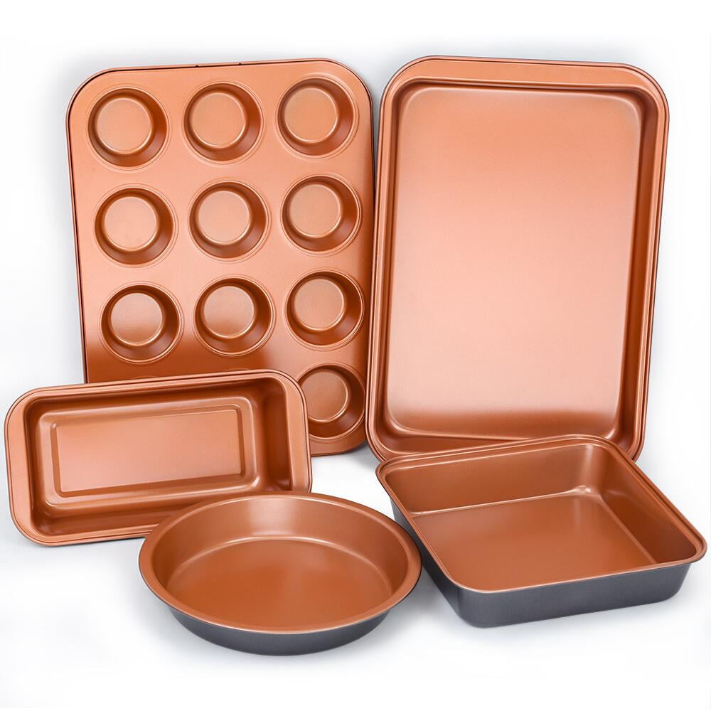 FGY 5 Piece Copper Bakeware Set Nonstick Baking Sheet Muffin Loaf Square Sheet Round Pan