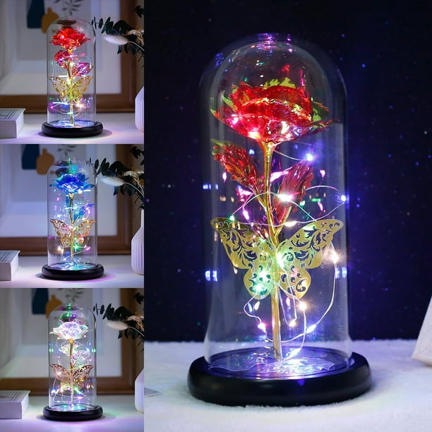 Lámpara de rosas artificiales Tcwhniev con forma de galaxia y mariposas, rosas LED de colores en cristal, ideal como regalo para mujeres y niñas, para bodas, Día de la Madre y San Valentín.