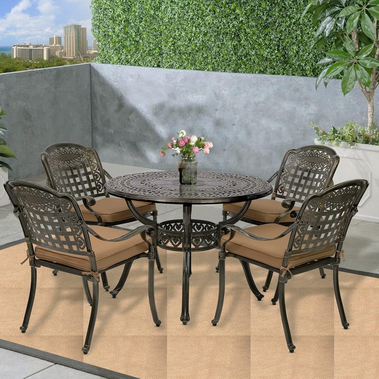 Socialcomfy 5 Cast Aluminum All-Weather Outdoor Conversation Sets, Bronze/Khaki