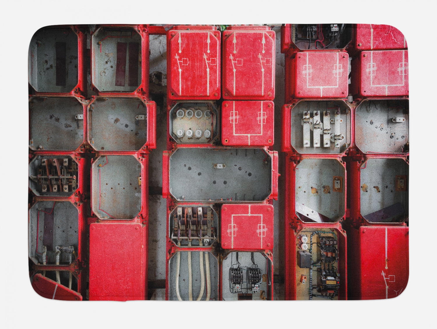 Industrial Bath Mat, Fuse Close Up Photo Industrial Type Junction Cables Box Electricity