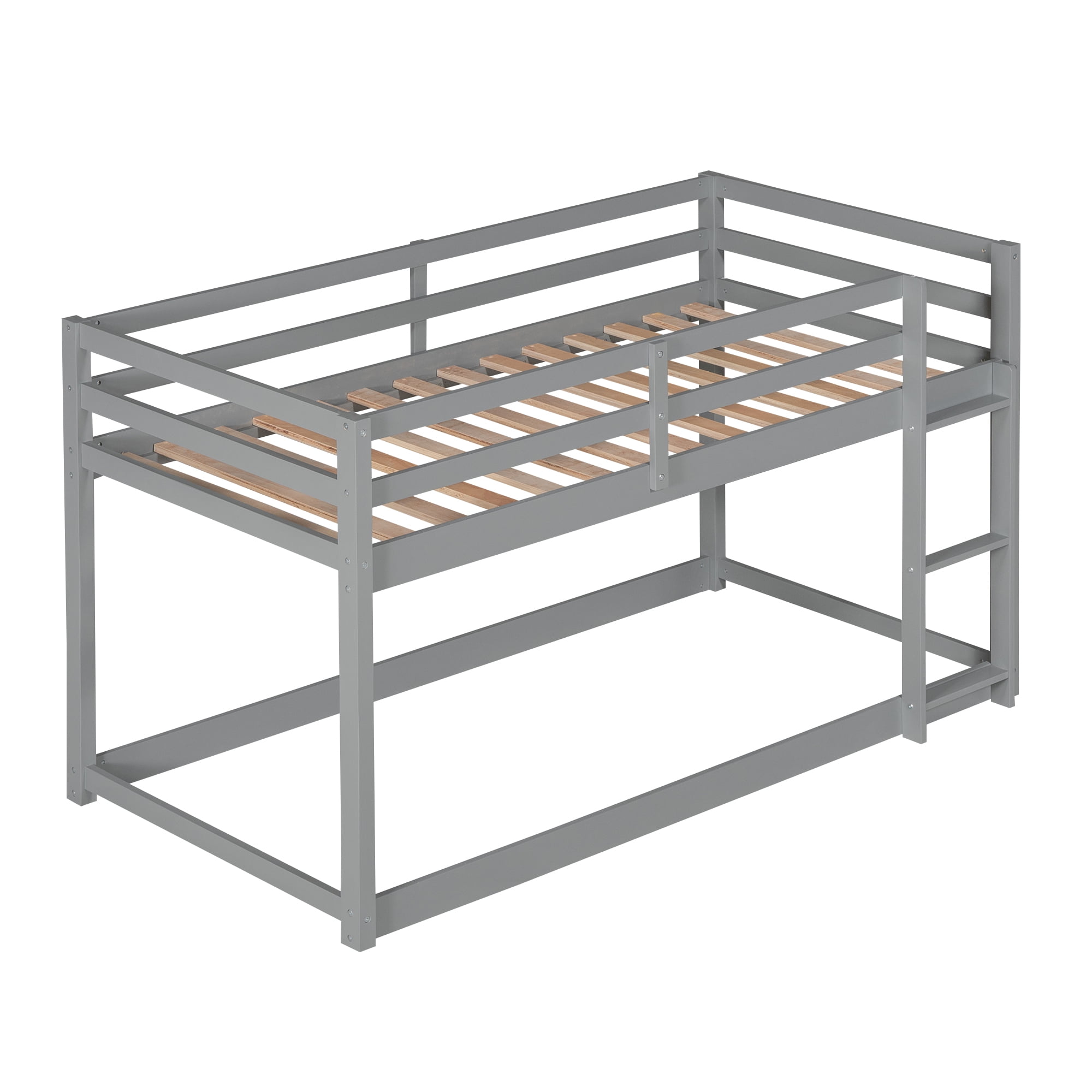 Euroco Twin over Twin Floor Bunk Beds with Ladder and Guardrail for Kids Teens, Gray