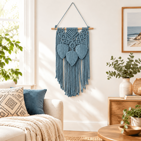Woven Wall Hanging Boho Geometric Woven Tapestry Blue Cotton Handmade Bohemian Art Decor with Tassel Craft Ornament for Bedroom Living Room Apartment Nursery