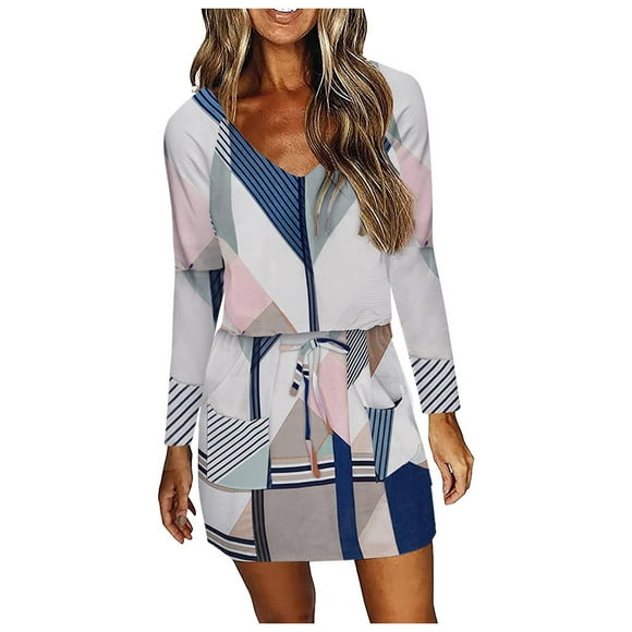 Pompotops Women Casual V-Neck Feather Printed Long Sleeves Slim Waist Drawstring Dress