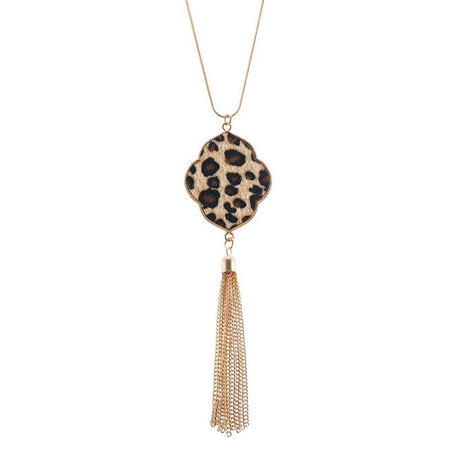 Collar con borlas de leopardo y pelo de caballo con forma de trébol, tendencia de moda, collar largo, cadena de suéter para mujer