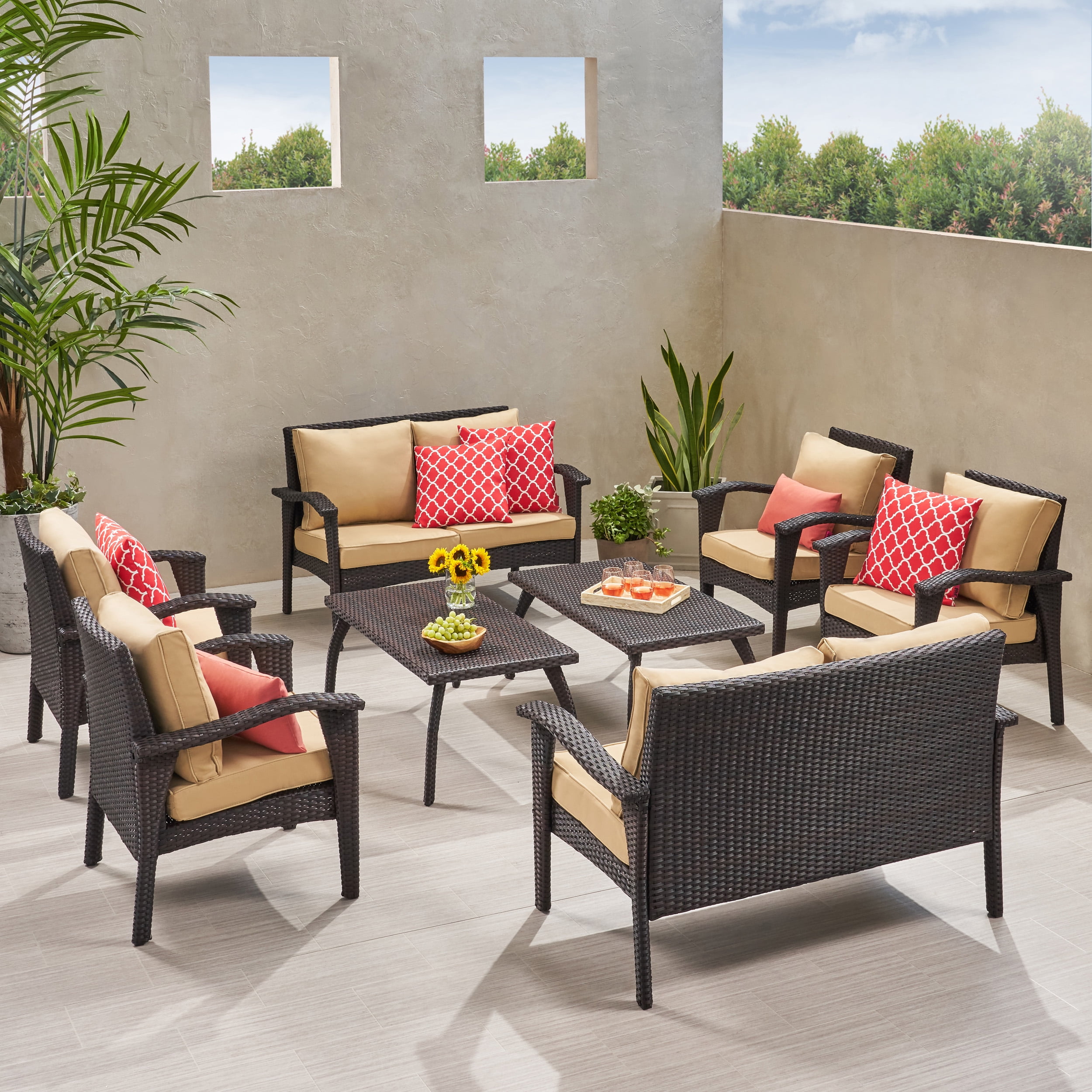 Amos Outdoor 8 Piece Brown Wicker Seating Set with Cushions Walmart