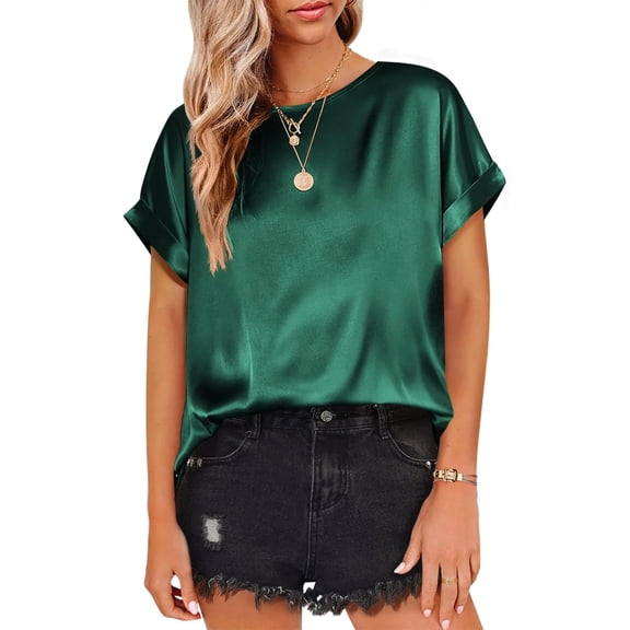 Zeagoo Short Sleeve Blouses for Women Casual Satin Tops Summer Silk Shirt Dressy