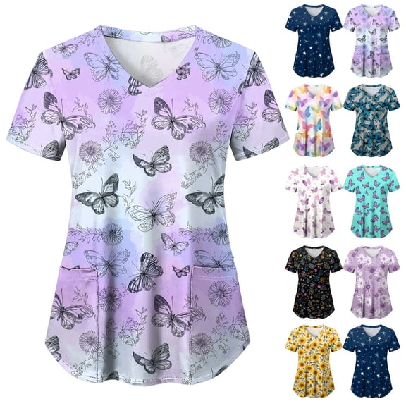 GEWSEY Scrubs for Women V Neck Short Sleeve Animal Print Nursing Uniform Top with Pockets - Stretch Medical Scrub Shirt (Light Purple, S)