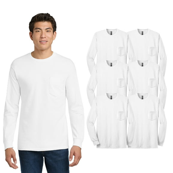 Gildan Men's Ultra Cotton Long Sleeve Pocket T-Shirt, Durable Lightweight Shirt, White, Pack 6, S