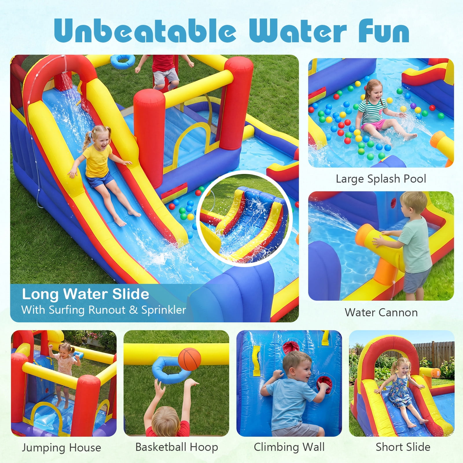 Gymax Inflatable Water Slide 7-in-1 Outdoor Bounce House w/ Dual Slides Splash Pool Water Cannon Climbing Wall & Basketball Hoop