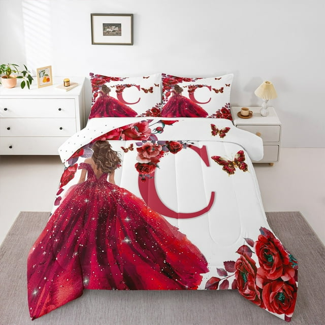 Erosebridal Monogrammed C Bedding Comforter Set, Western Princess Comforter Sets, Rose Butterfly Reversible Down Comforter, Microfiber Room Decor, 2 Pieces