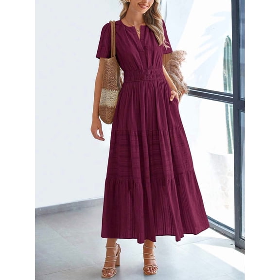 Burgundy Women Short Sleeve Maxi Dress High Waist Tiered A-Line Boho Flowy Beach Vacation Dress