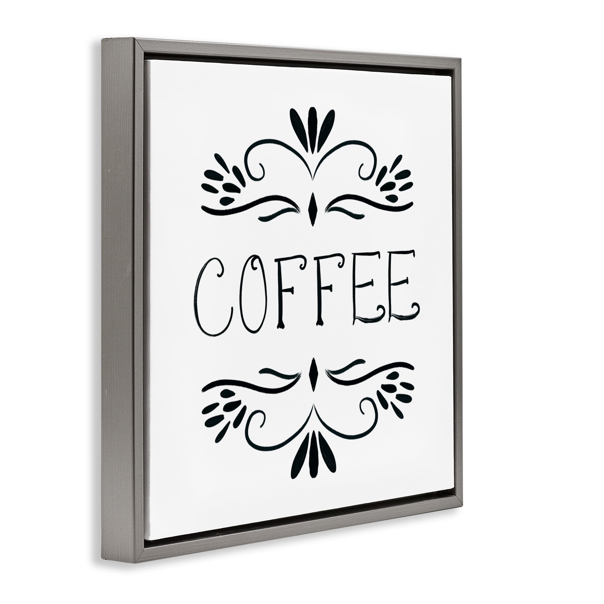 Stupell Industries Coffee with Floral Emblems Gray Framed Floater Canvas Wall Art, design by Lucille Price