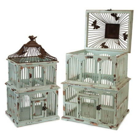 Set of 2 Blue/Rust Wood & Metal Decorative Accent Bird Cages 22" - 28"