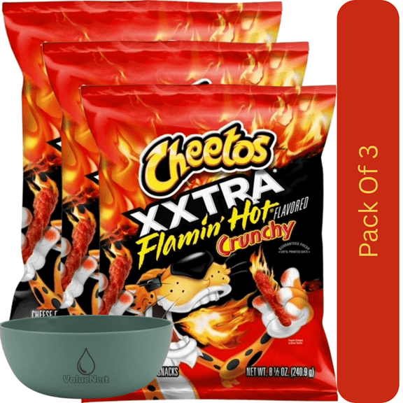 Cheetos XXTRA Flamin’ Hot Crunchy Cheese Flavored Snacks, 8.5 oz Bag With Olive Green Bowl By ValueNest