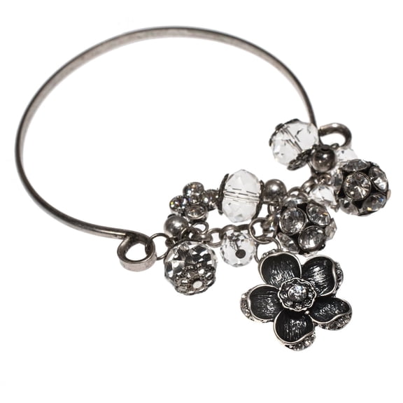 Floral Crystal Charm Bangle Bracelet - Silver Tone Fashion Jewelry for Women Bracelet Women Silver