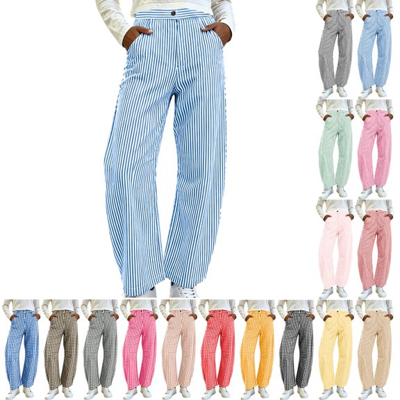 Womens Casual Pants Dqueduo Women's Plaid Button-Zipper Elastic Waist Curved Barrel Pants – Casual Trousers Blue L