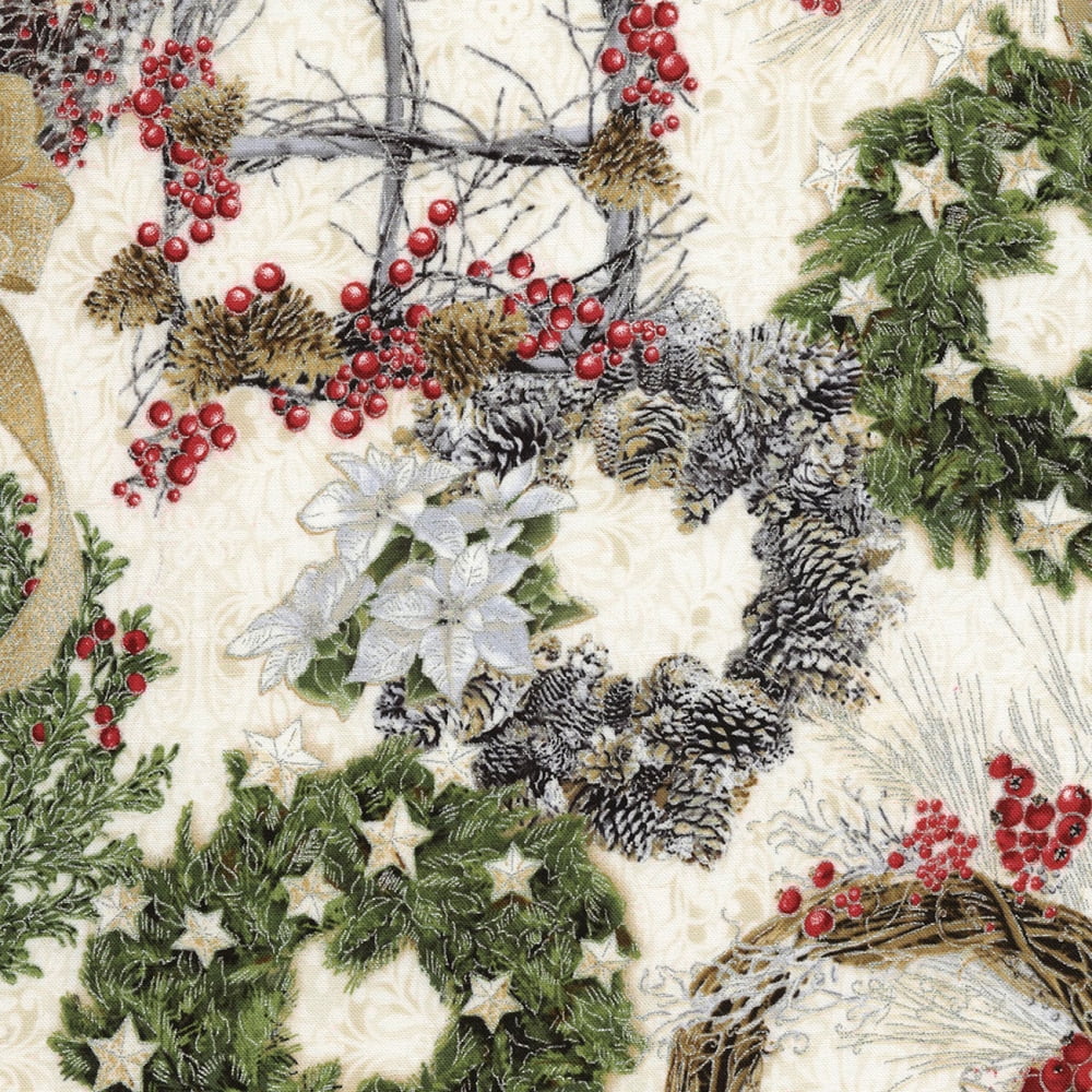 Timeless Treasures Christmas Wreaths Cream Metallic 100 Cotton Fabric