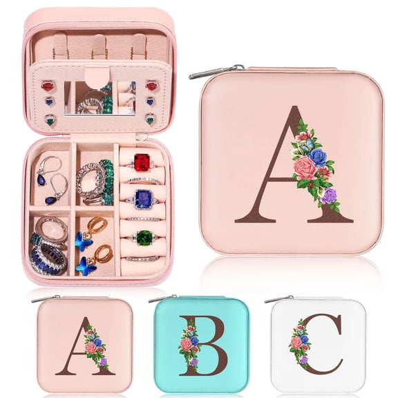 YUNOVA Travel Jewelry Case with Mirror, Initial Jewelry Box for Women, Personalized Mother's Day Gift, Small Organizer for Rings Necklaces Earrings, Teen Girl Gifts, Travel Accessories for Women