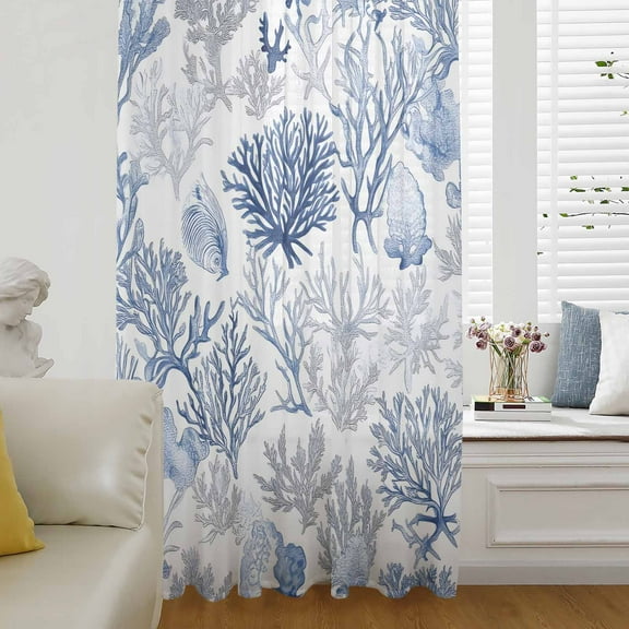 Ocean Coastal Coral Semi Sheer Curtains Drapes for Living Room,Bedroom,French Doors Window 108 Inches Long,Blue Grey Abstract Flower Plant Fish Rod Pocket Chiffon Curtain Drapery Voile Drape Panel