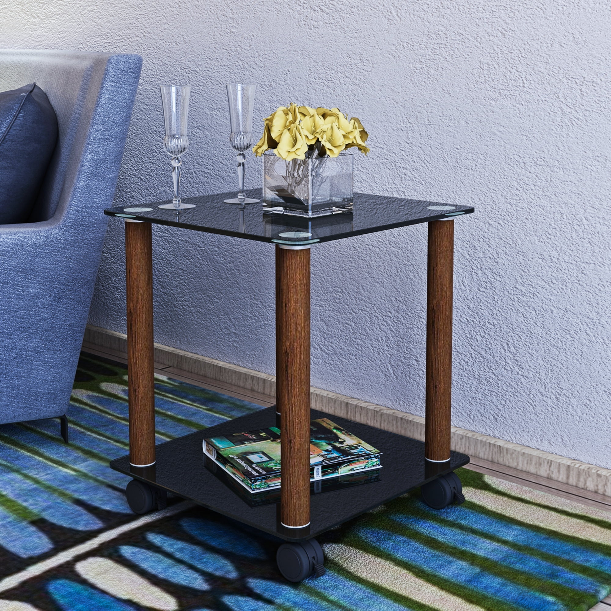 Topcobe 2Tier Modern Rolling End Table, Square Glass Side Table for
