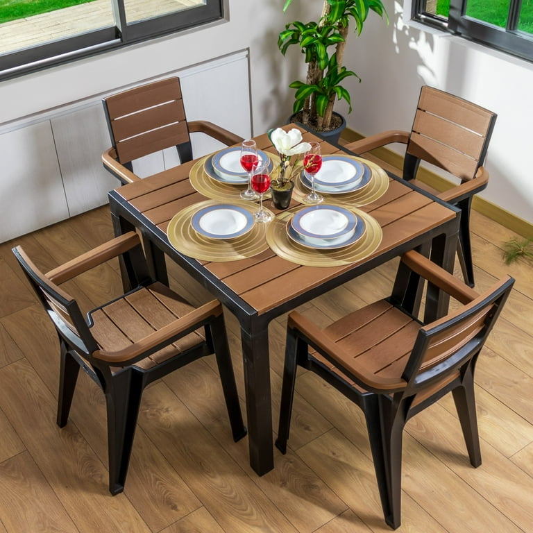 Inval Madeira 4 Seat Patio Dining Table and Armchair Set in Black Teak Brown