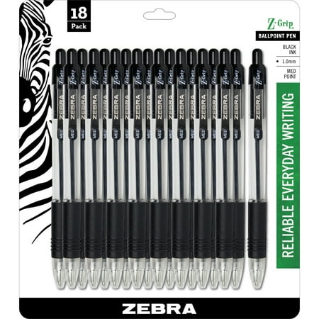Zebra Z-Grip Retractable Ballpoint Pen, 1.0mm, Medium Tip, Black Ink, 18-Count