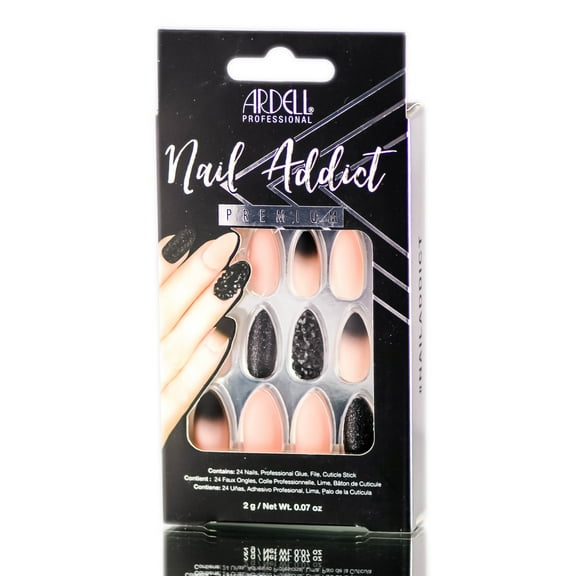 Ardell Nail Addict Premium Artificial Nail Set - Black Stud & Pink Ombre - Pack of 1 with Sleek Comb