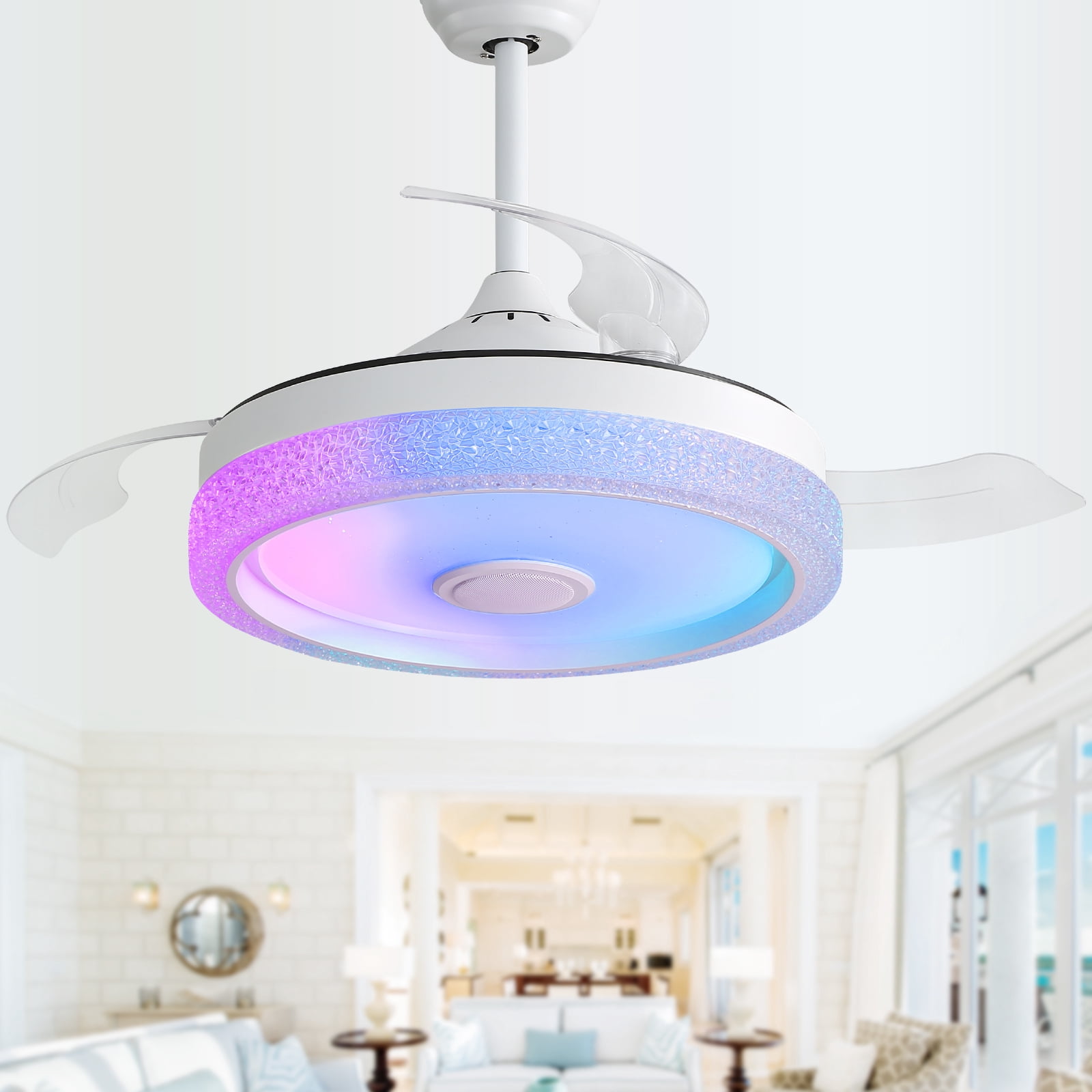 "Sofucor 42"" Retractable Ceiling Fan with Dimmable Lights, Bluetooth Speaker, Remote Control for Bedroom, Kitchen"