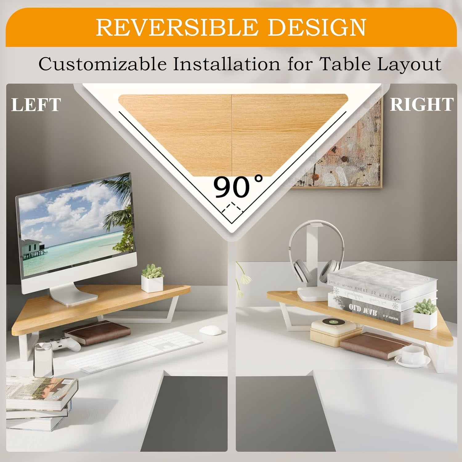 26 inch Triangle Monitor Stand Riser, Desktop Corner Stand with Metal Leg Wood Computer Stand with Storage Laptop Riser Office Organization (Maple)