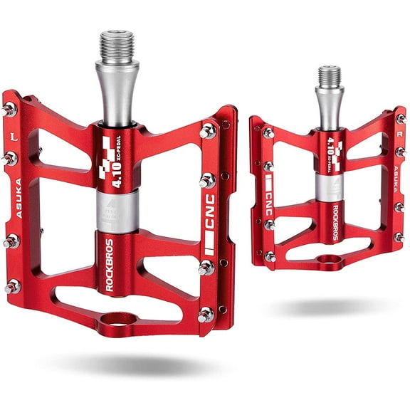 Rockbros Mountain Bike Pedals, Alloy Platform Bicycle Pedals, Red 4 Bearings