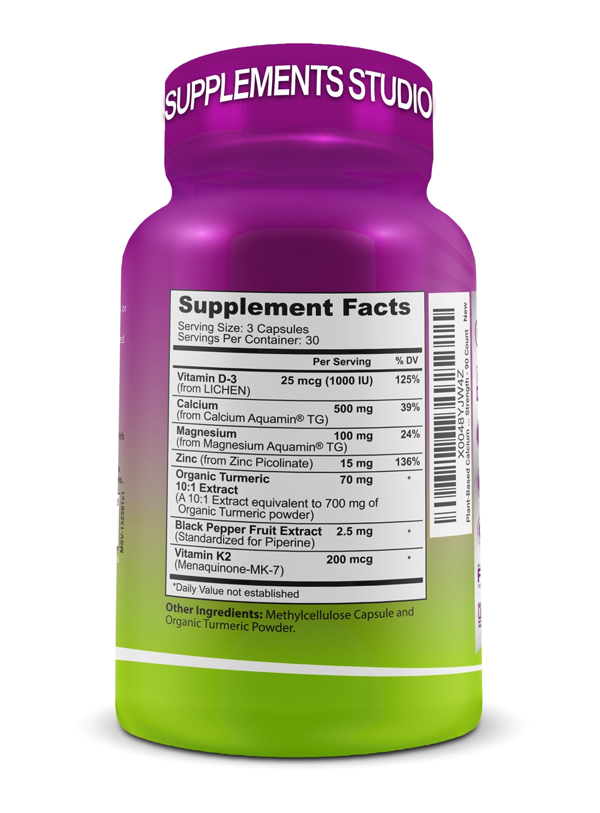 Plant-Based Calcium 500mg (Aquamin) - Vegan Calcium Magnesium Zinc D3 + Vitamin K2, Organic Turmeric & BioPerine - Supports Enhanced Bone Health & Strength for Women and Men - 90 Count