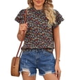 thumbnail image 1 of Blusa casual de moda con ribete de volantes y estampado floral de manga corta para mujer para citas en el hogar y el trabajo, 1 of 7