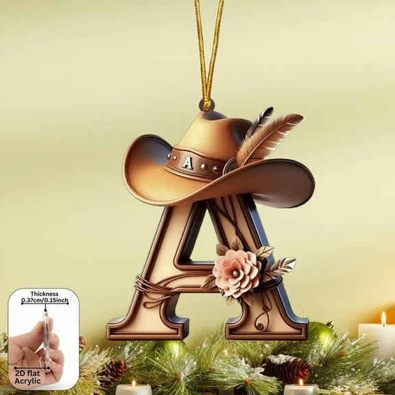 Christmas Cowboy Initial Ornaments, 3.15 Inch Personalized Acrylic Monogram with Western Cowboy Hat & Floral Design, 26 Letters for Xmas Tree Hanging Decor, Stocking Stuffers, Gift Tags