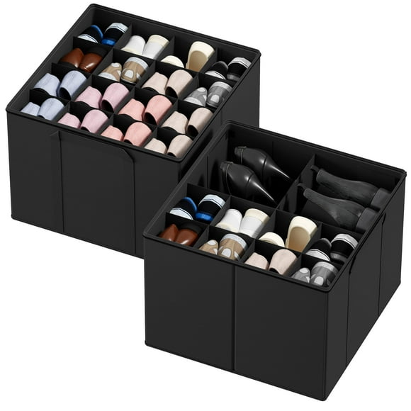SpaceAid Organizador de zapatos para armario, paquete de 2 contenedores plegables para almacenamiento de zapatos, cestas, cajas con divisores ajustables, se adapta a 16-32 pares, negro