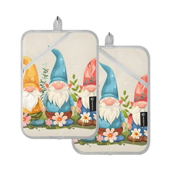 Pot Holders Set of 2 Heat Resistant 338℉ Kitchen Oven Gloves Potholder Cooking Baking Microwave Mitts Cute Gnomes with Plants