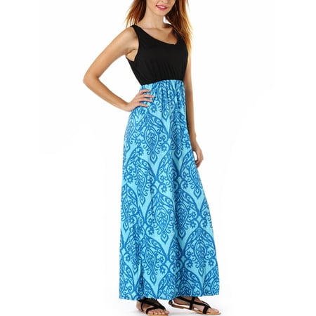Vintage Print Long Maxi Dress Women Summer Sundress Fit and Flare Sleeveless Bohemian Boho Beach Dress