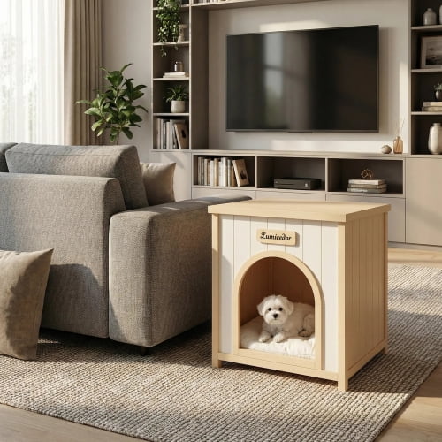 Indoor Wooden Dog House for Small Dogs and Cats Solid Cedar Pet House with Removable Cushion Scandinavian Design, Cream White,Light Yellow