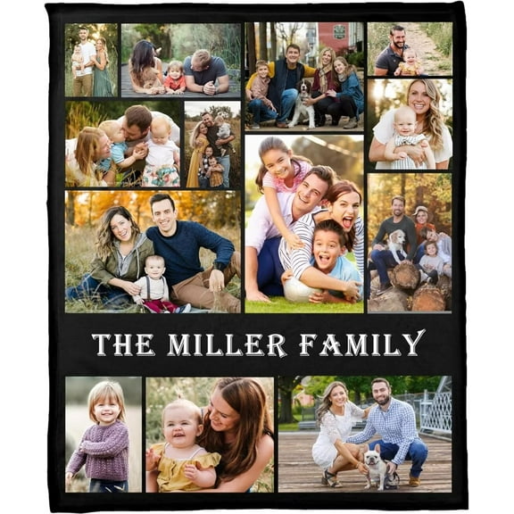 AISENIN Customizable Family Photo Fleece Surname Blanket Gifts for Birthday Wedding Anniversary Halloween Thanksgiving Christmas 13 photos