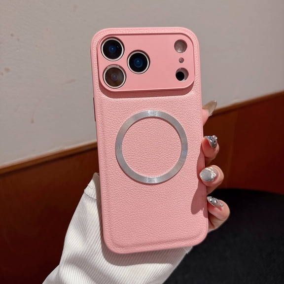 Allytechgroup Anti-Scratch PU Leather Hard Shell Back Cover Cell Phone Case with Protective Case Cover for Apple iPhone 17 Pro Max, Pink