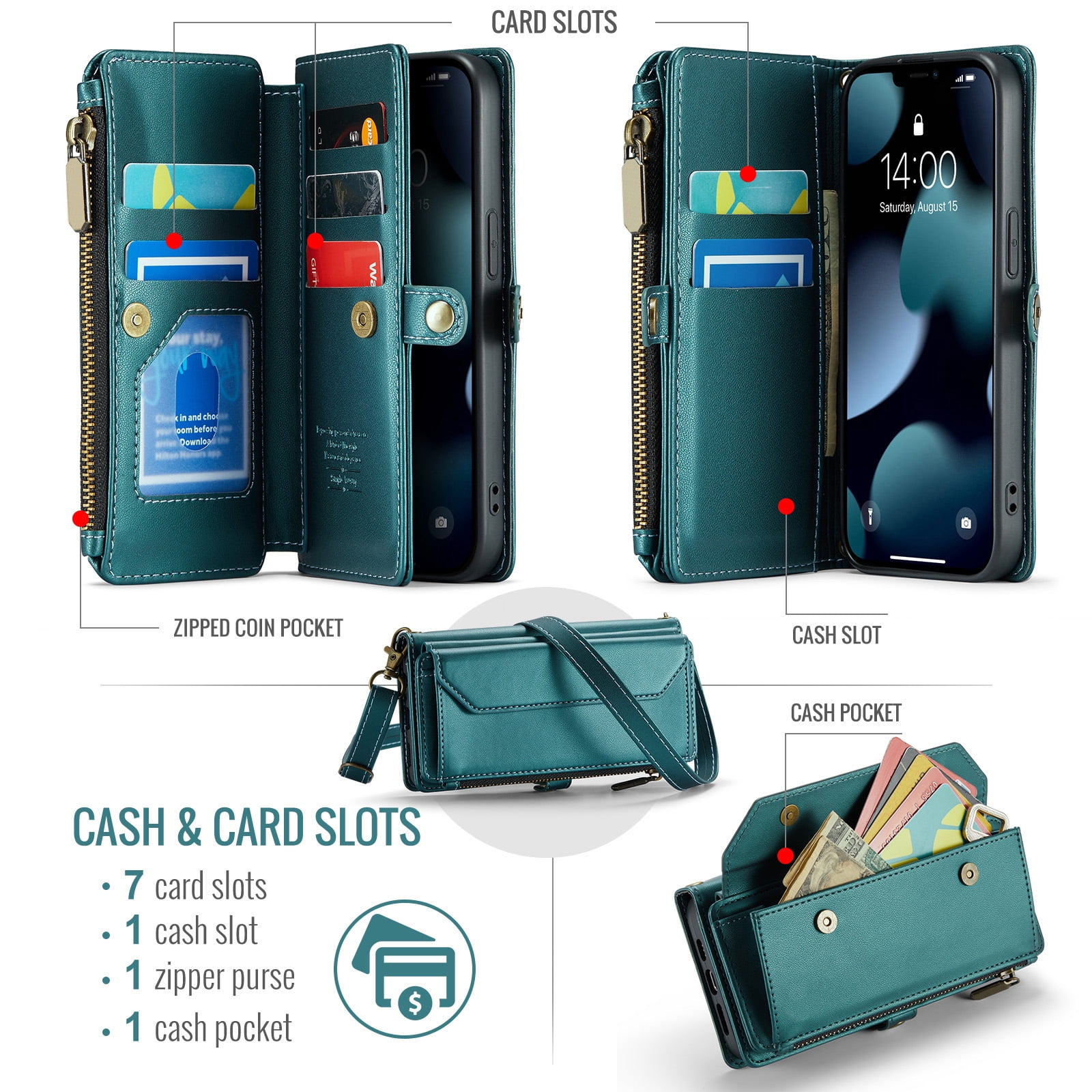 Asuwish Compatible with iPhone 15 Pro 6.1 inch Zipper Wallet Phone Case Tempered Glass Screen Protector Crossbody Lanyard Strap Flip Card Holder Slot Cell Cover for i Phone15 i15 15Pro Women Green