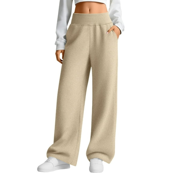Solid Color Sweatpants for Women Wide Leg Elastic Waist Workout Joggers Lounge Travel Pants Casual Fall Fashion Outfits Khaki 2XL
