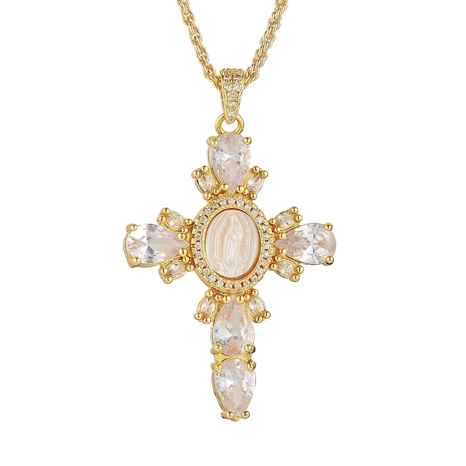 HZMAN Gold Cross Necklace for Women 18K Gold Plated Necklace Dainty Virgin Mary Cubic Zirconia Necklace Jewelry Gift (Silver)