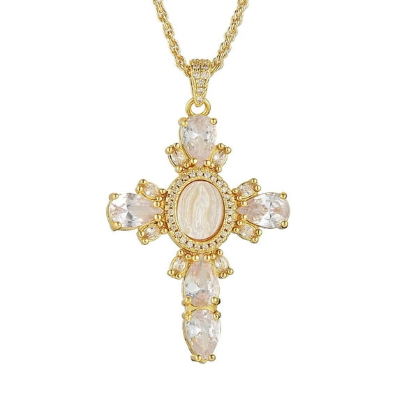 HZMAN Gold Cross Necklace for Women 18K Gold Plated Necklace Dainty Virgin Mary Cubic Zirconia Necklace Jewelry Gift (Silver)
