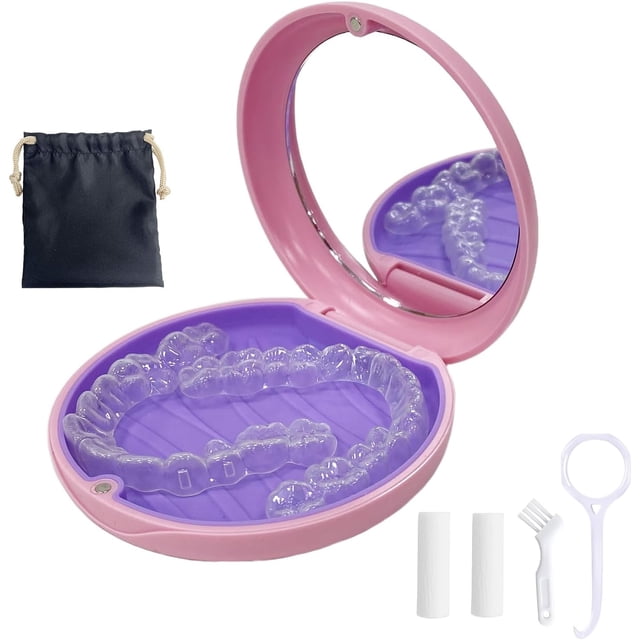 Retainer Case,Aligner Case with Mirror,Round Retainer Holder with Aligner Remover Tool, Chew & Brush,Rope Bag Sets (Pink Outside Purple Inside)