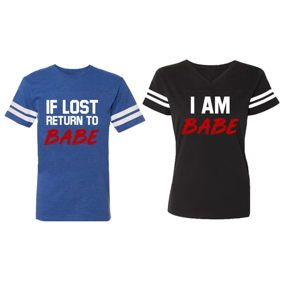 IF Lost Return To Babe I am Babe Matching Couple Cotton Jerseys (Men Royal / Women Black) (Men S / Women S)